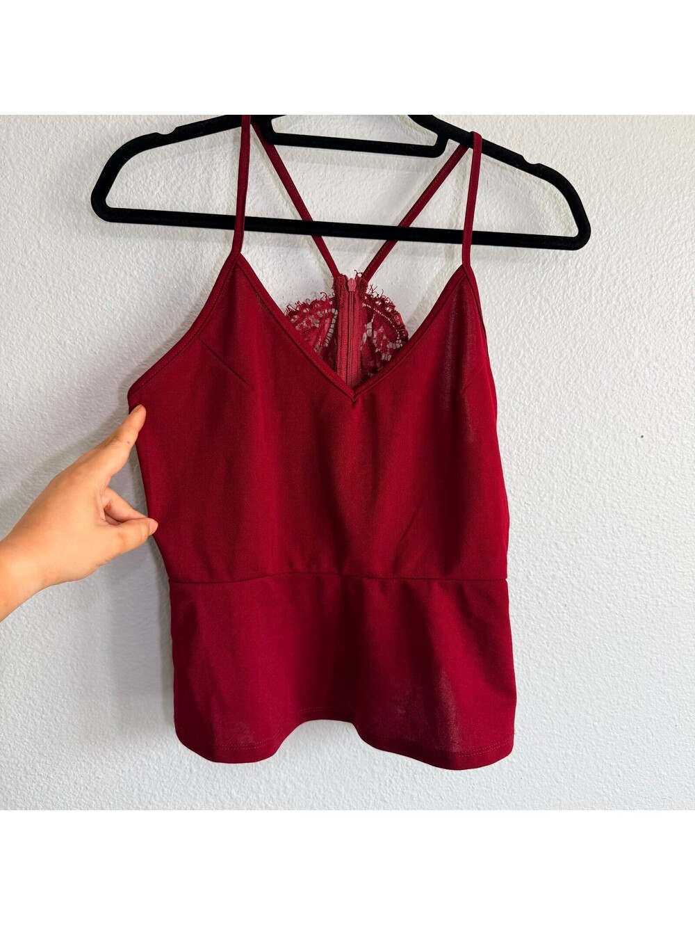 Lace Back Peplum Cami Top Burgundy Wine Red V Neck Strappy Zip